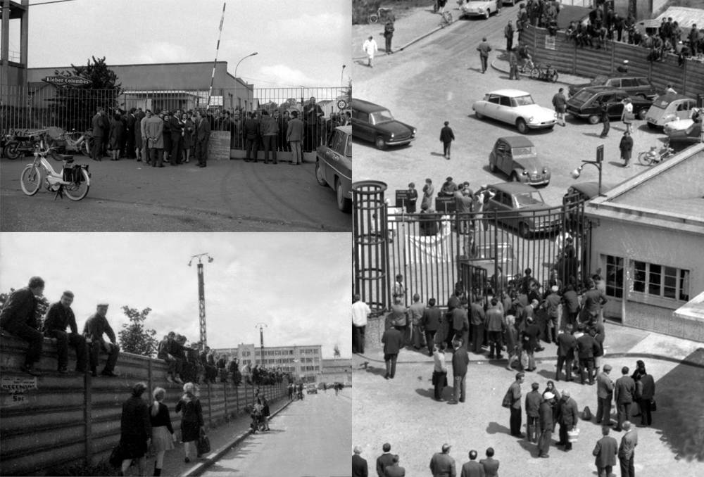 Usine Kléber-Colombes à Caudebec-lès-Elbeuf (Seine Maritime). Grévistes sur les murs au Chantier Naval de la Ciotat au Trait (Seine Maritime) le 16 mai 1968 et ravitaillement par les femmes de grévistes.